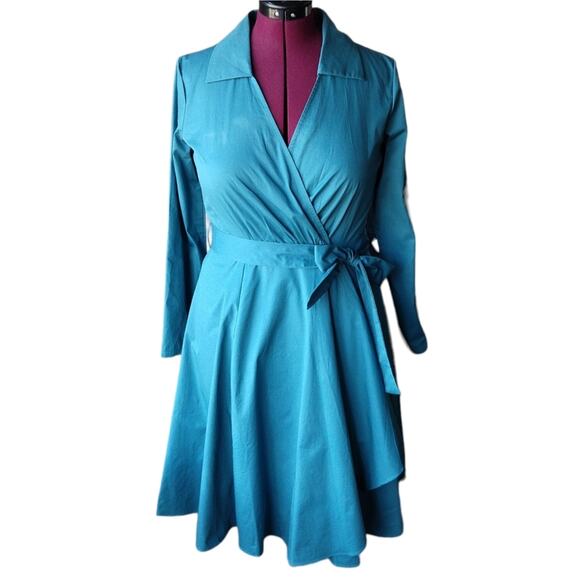 MoDa of New York Turquoise Retro Style Wrap Dress XL new w/imperfection DressV - Picture 2 of 16